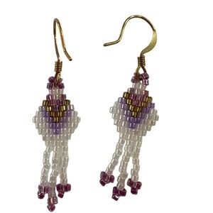 Vtg Indigenous Beaded Dangle‎ Earrings Purple White Gold Tone Boho Chic Jewelry
